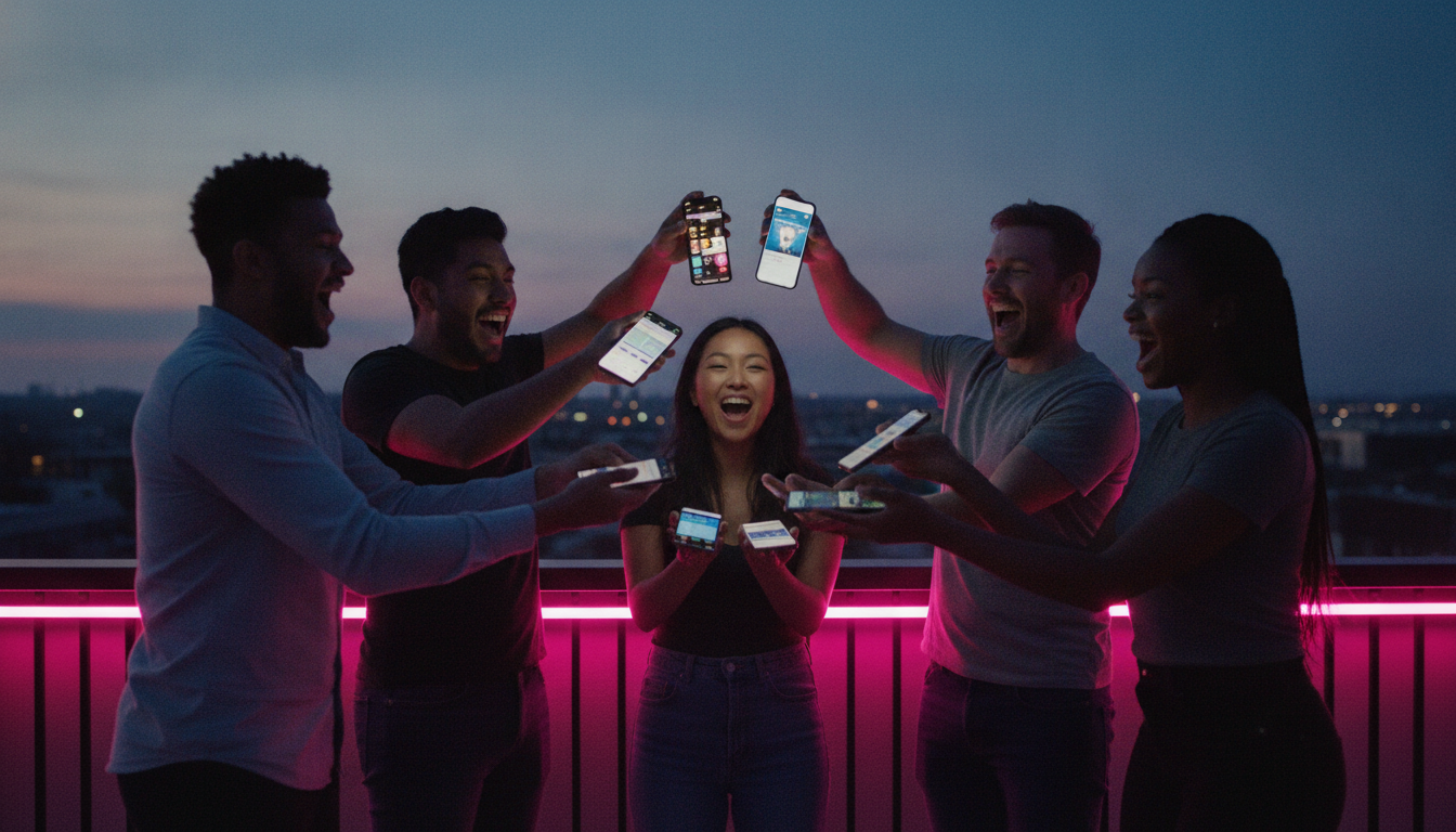 Five friends mid-shake on a rooftop with pink neon light