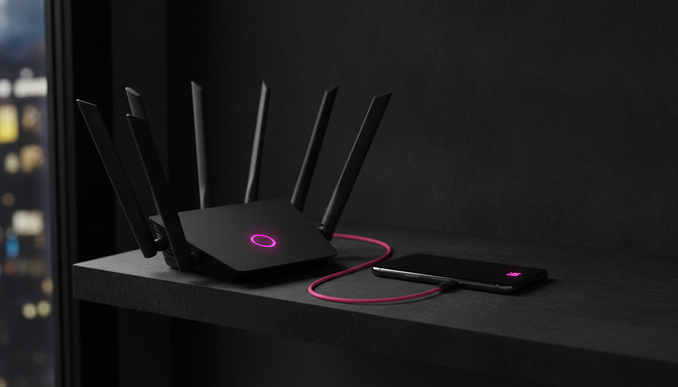 Matte black Wi-Fi 6 router with hot pink status LED next to a phone
