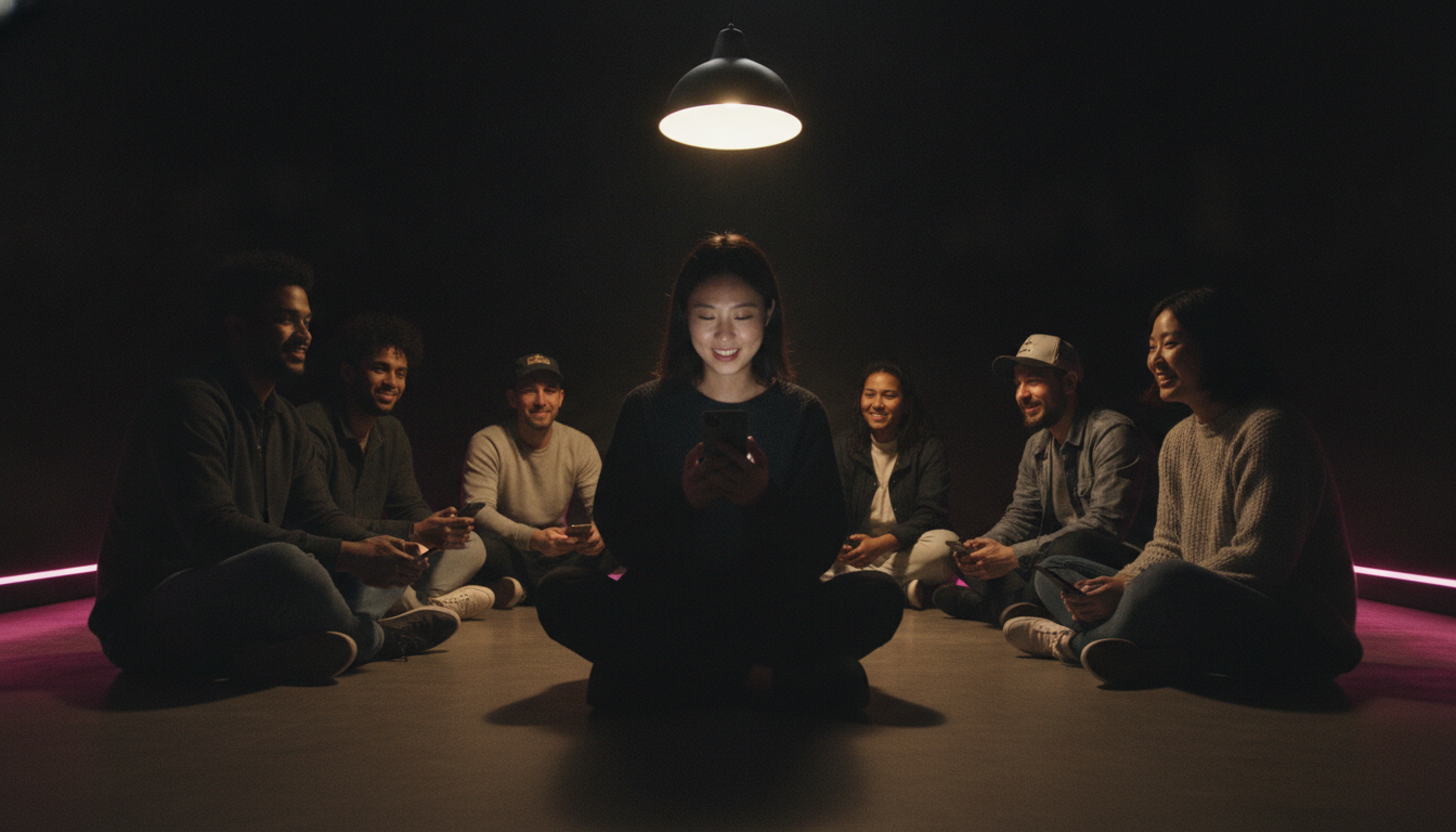 Eight friends in an octagon on the floor, one tilting her phone to read a prompt while the others watch