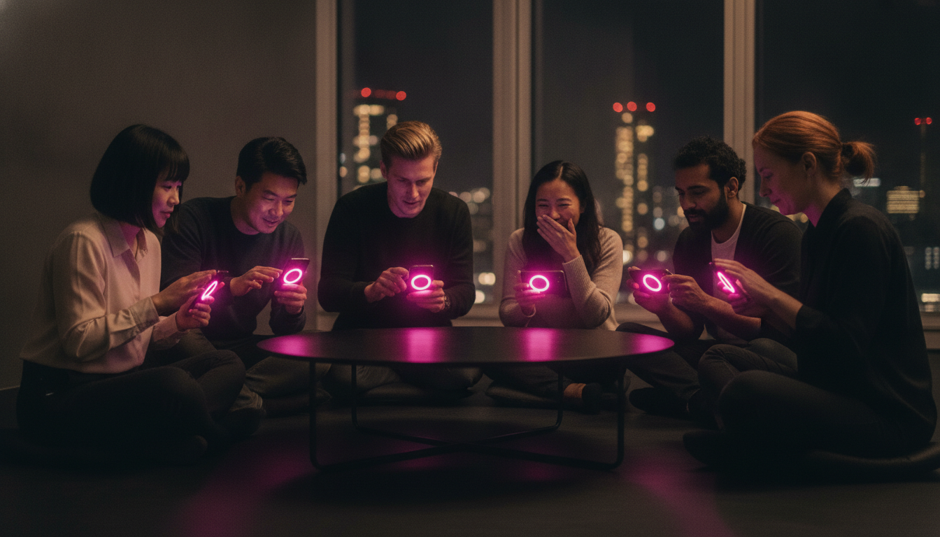 Eight friends in a Tokyo apartment circle tapping phones simultaneously, pink screen glow