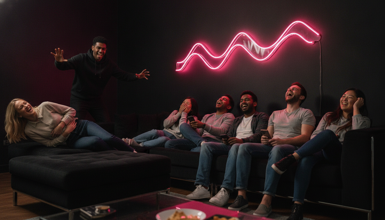 Eight friends on a black sectional sofa, one standing to mime a charade while the others laugh