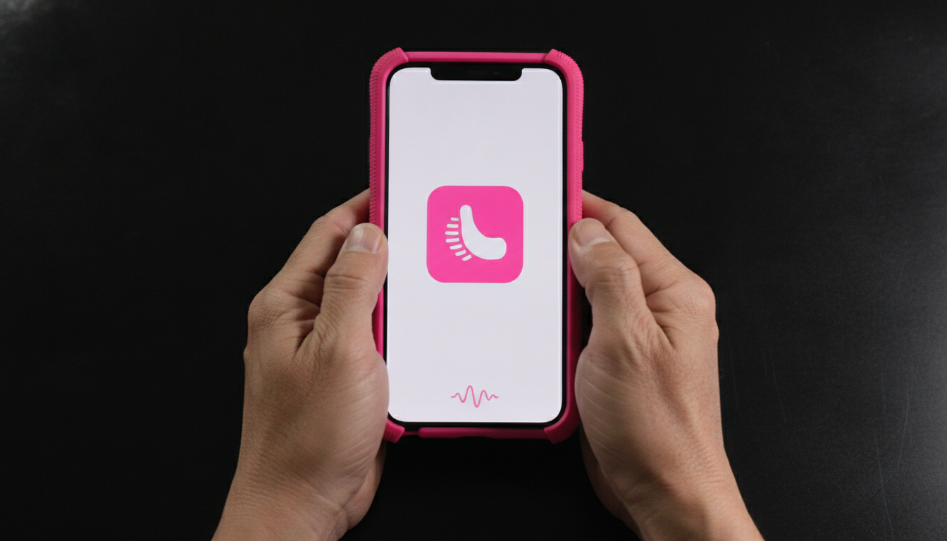 Older Vietnamese man's hands with slight tremor motion blur, gripping a phone with a raised pink silicone bumper and an icon-only shake prompt on screen.