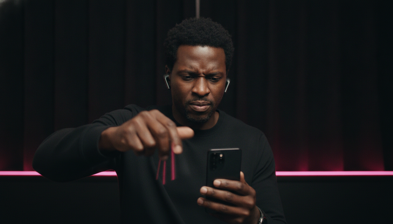 Man wearing Pixel Buds Pro mid-shake with Pixel 9, pink LED baseboard glow