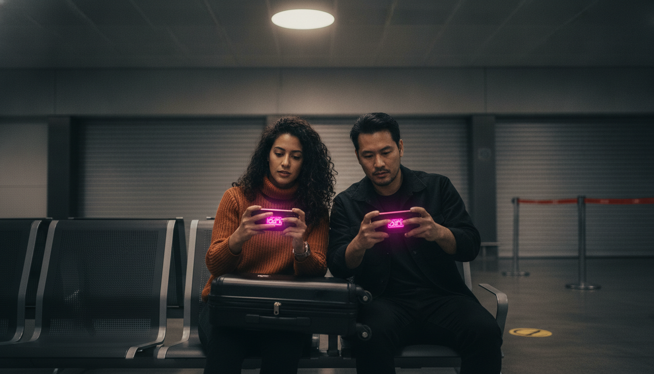 Two travelers playing a phone shake duel on a shared carry-on at an empty gate
