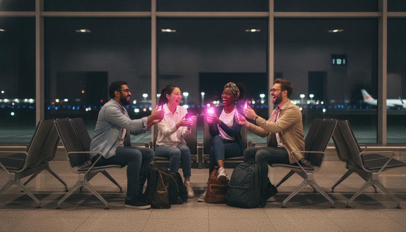 A group of four travelers playing a shake game together at a quiet airport gate