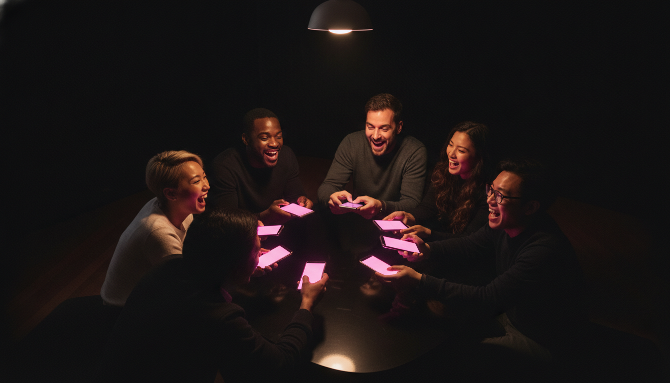 Five friends around a coffee table lit only by their phone screens in a dark room