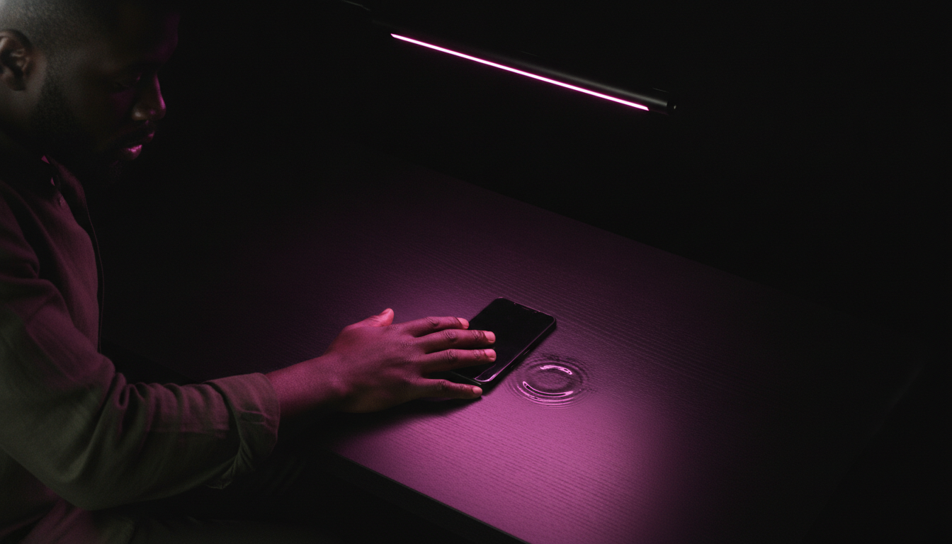 Hand slamming a black wooden table next to a phone, the surface vibrating instead of the device