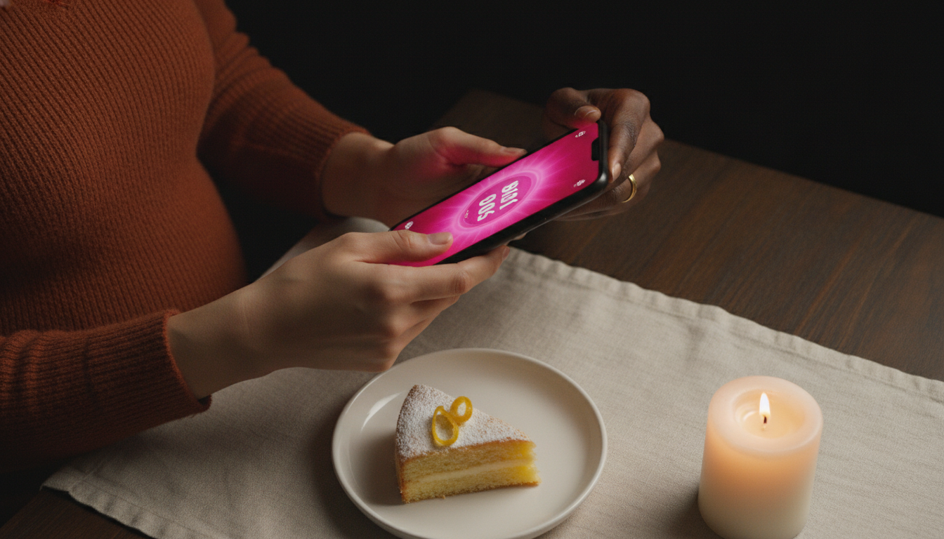 Overhead shot of two adult hands holding a phone with a hot pink game screen, cake and candle in the foreground.