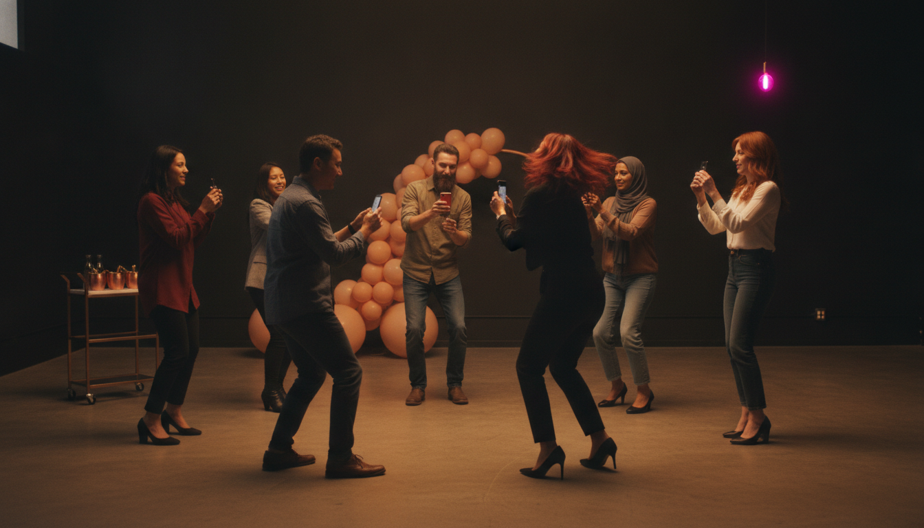 Eight adult friends of mixed ethnicities standing in a loose circle in a loft space, phones raised mid-shake, hot pink pendant light in the corner.