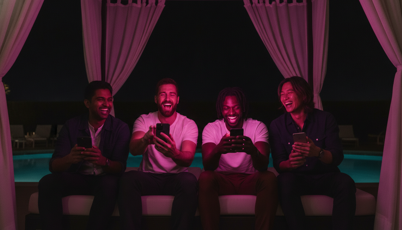 Four men in a Vegas pool cabana at night holding phones mid-shake