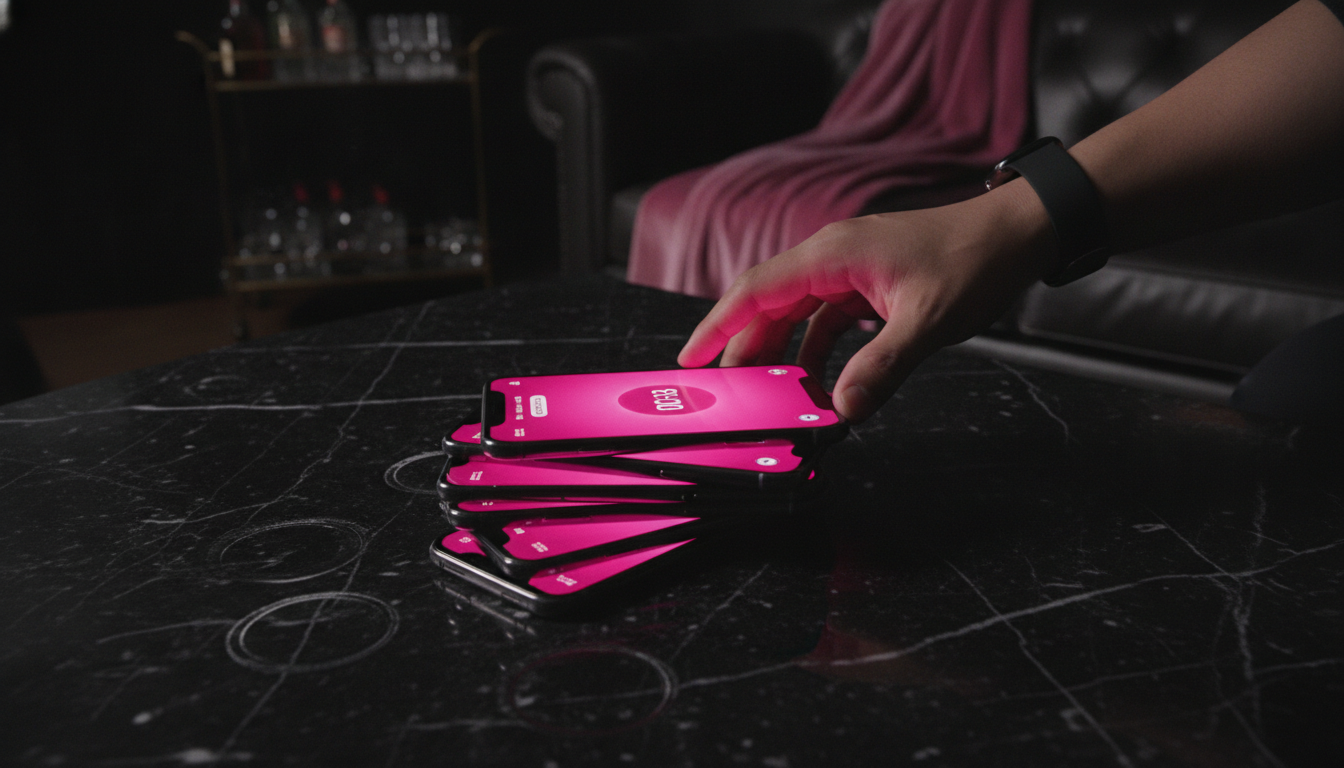 Phone pile on a black marble table glowing pink in a hotel suite