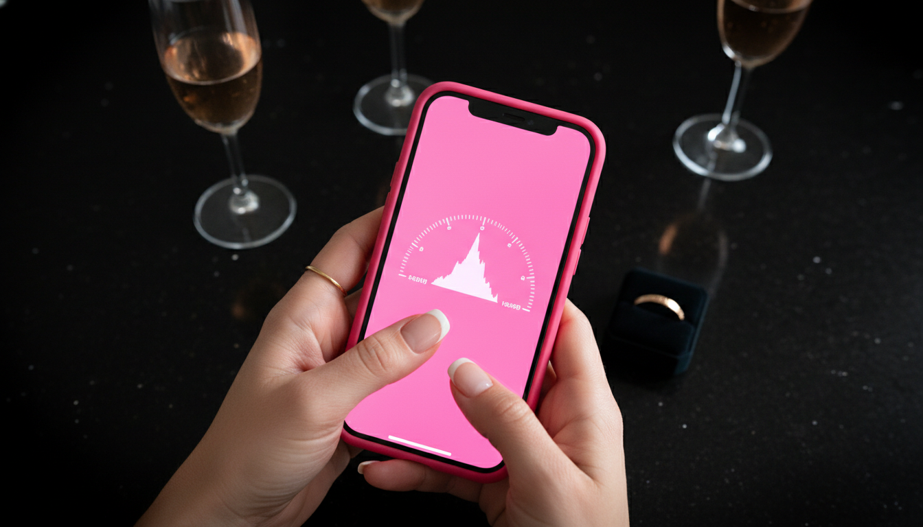 Close-up of hands with a French manicure holding an iPhone in a hot pink case, screen showing the sweet-spot meter