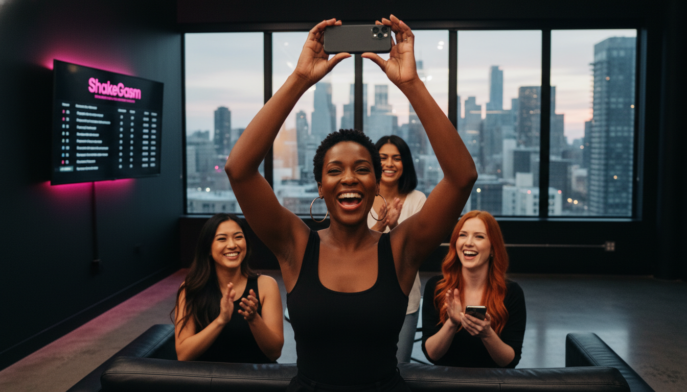A Black woman holding her phone overhead in victory while three friends cheer behind her in a loft apartment