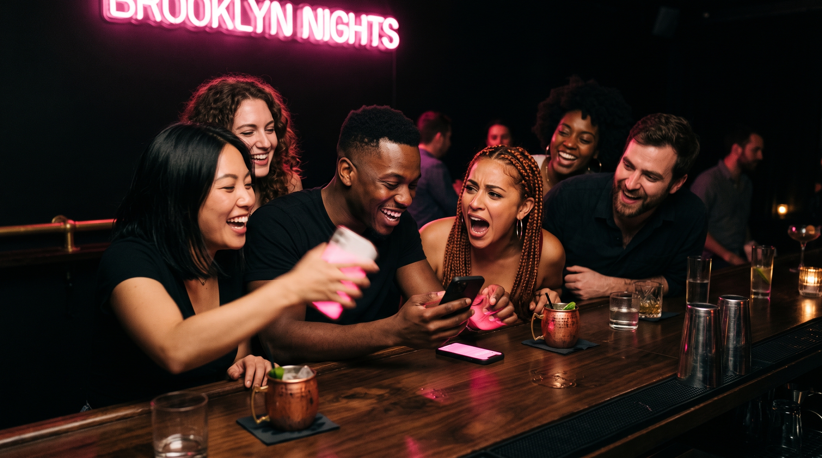 Six friends laughing around a dark bar counter with phones raised mid-shake under a hot pink neon sign