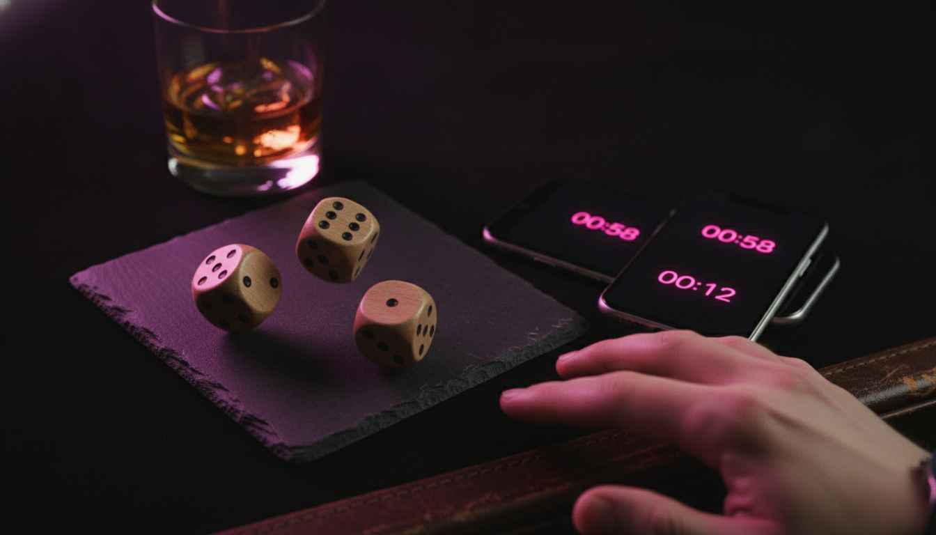 Bar dice tumbling across a slate coaster next to two phones showing hot pink game timers