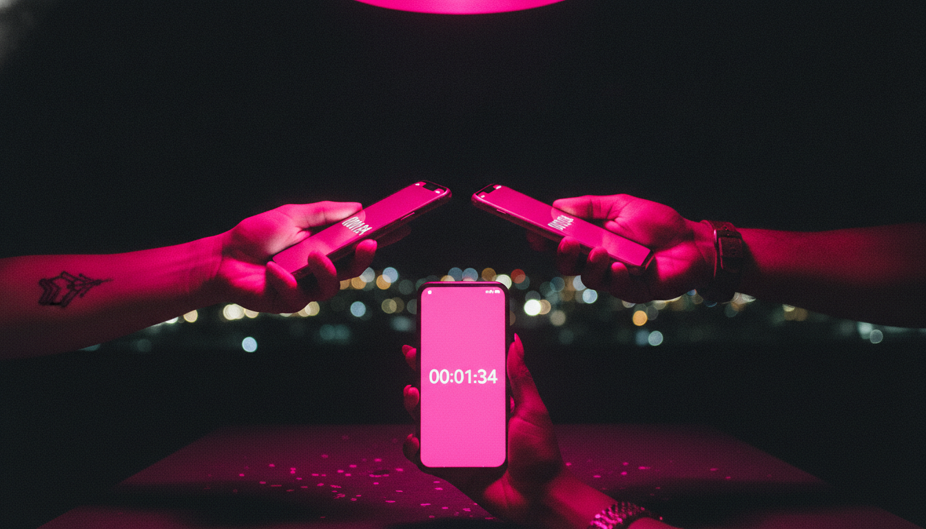 Three hands raised mid-shake with phones glowing hot pink at a rooftop bar