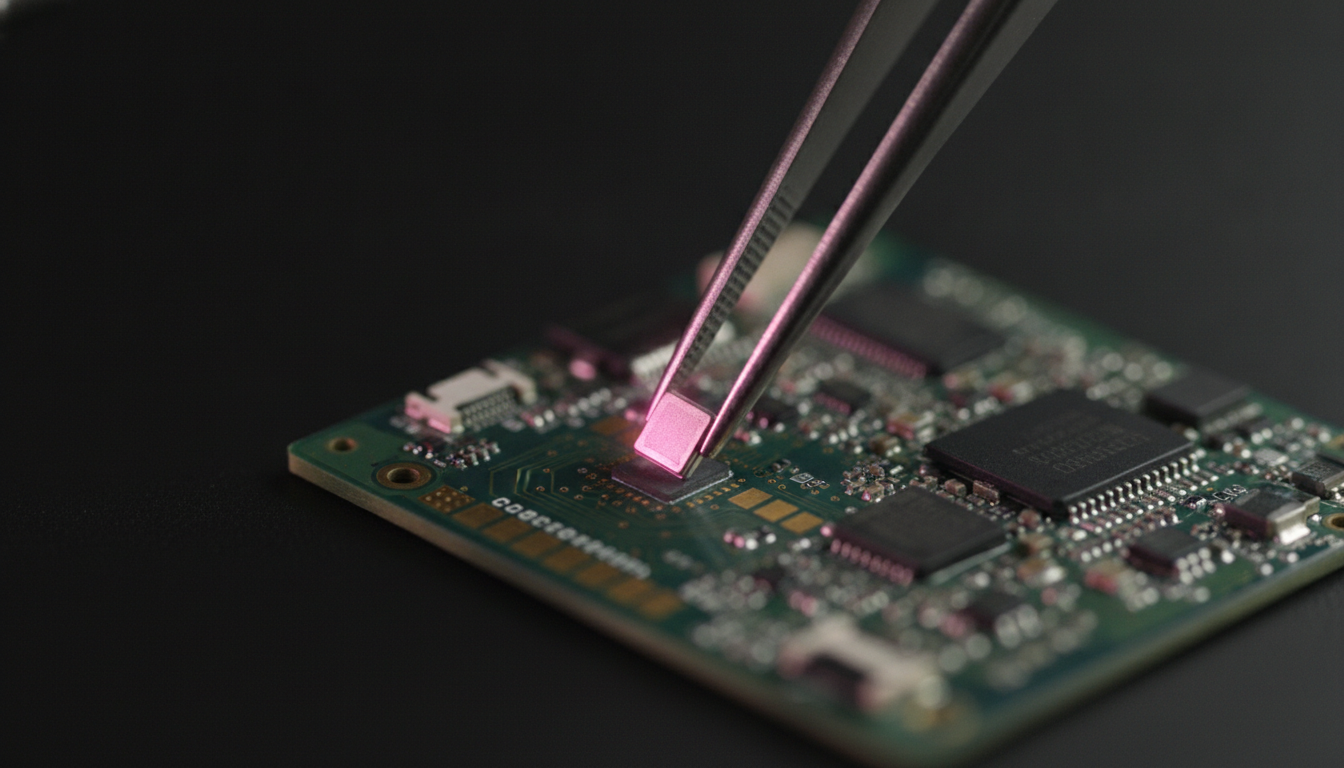 Macro teardown shot of a smartphone logic board with the MEMS barometer chip lifted by tweezers.