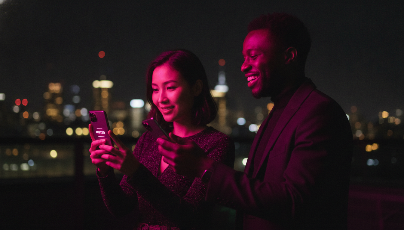 Two friends on a downtown rooftop at night holding phones against the skyline, faces lit by hot pink screen glow.