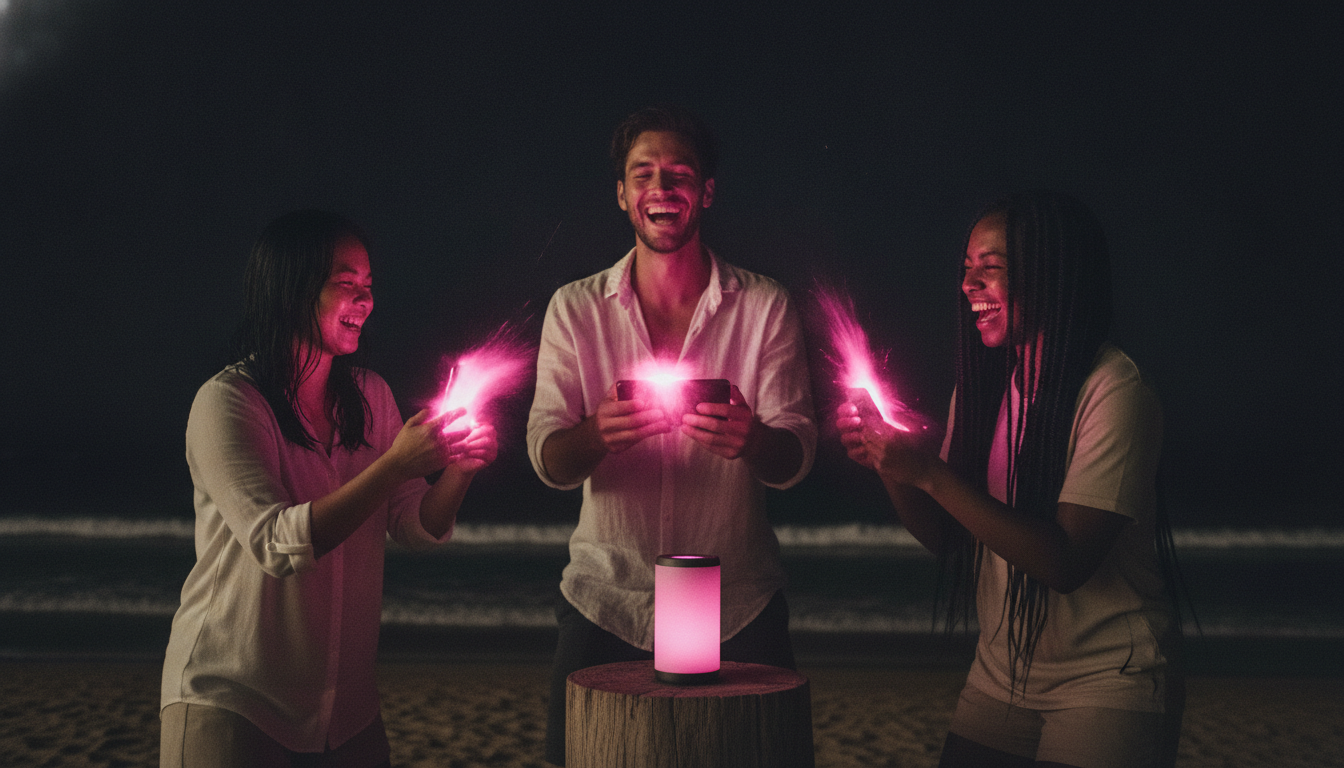 Three friends laughing mid-round on a dark beach, phones glowing hot pink in synchronized shake.
