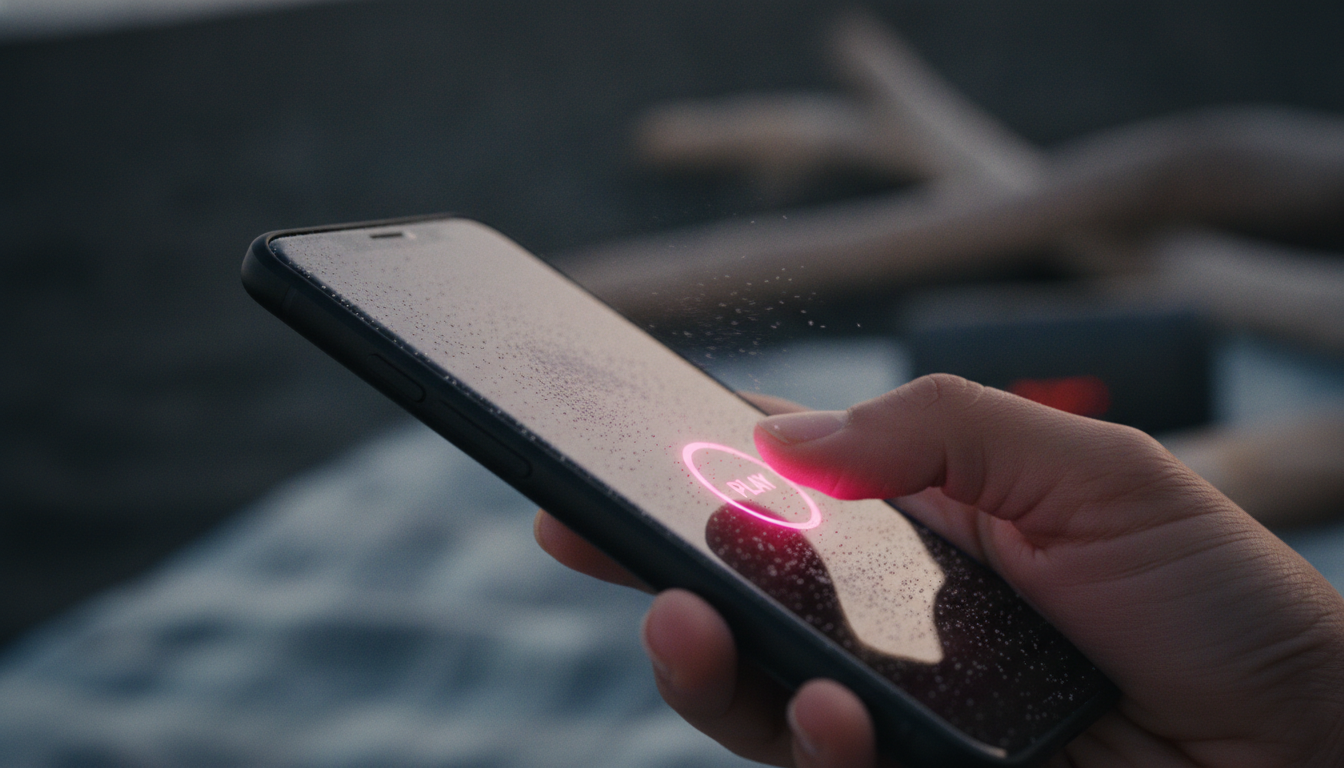 Macro close-up of a hand gripping a phone with sand grains scattered on the screen and edges.