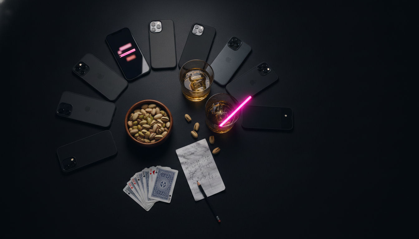 Overhead flat lay of eight smartphones fanned on a dark table with whiskey glasses, cards, and a paper scorecard, hot pink neon reflection