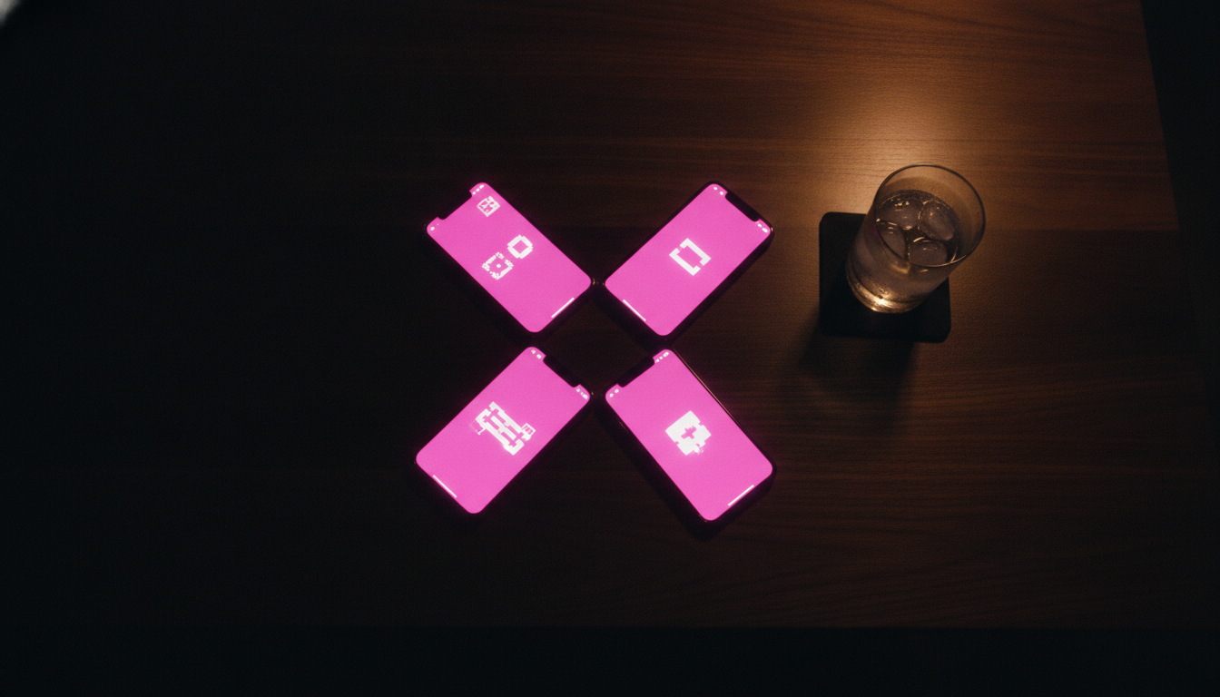 Overhead shot of four smartphones on a dark walnut table, screens glowing hot pink