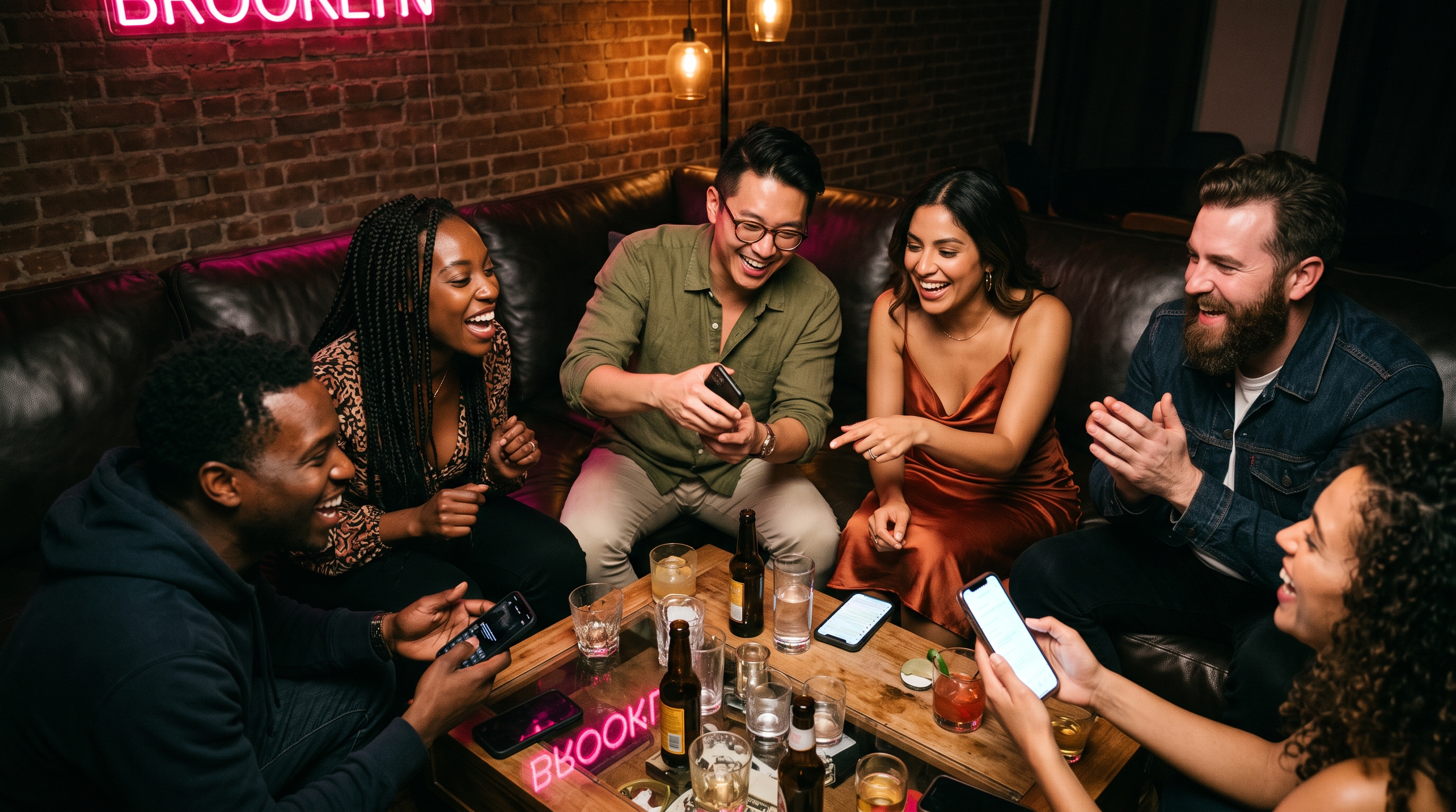 Six adult friends gathered around a coffee table playing a phone party game in a modern loft, hot pink neon accent lighting