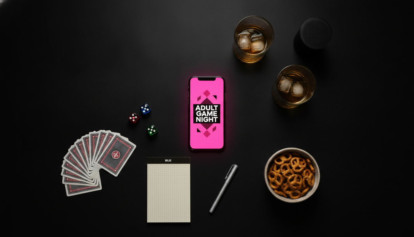 Overhead flat-lay of a black tabletop with a hot-pink phone screen, playing cards, three dice, a scoring pad, and two whiskey glasses