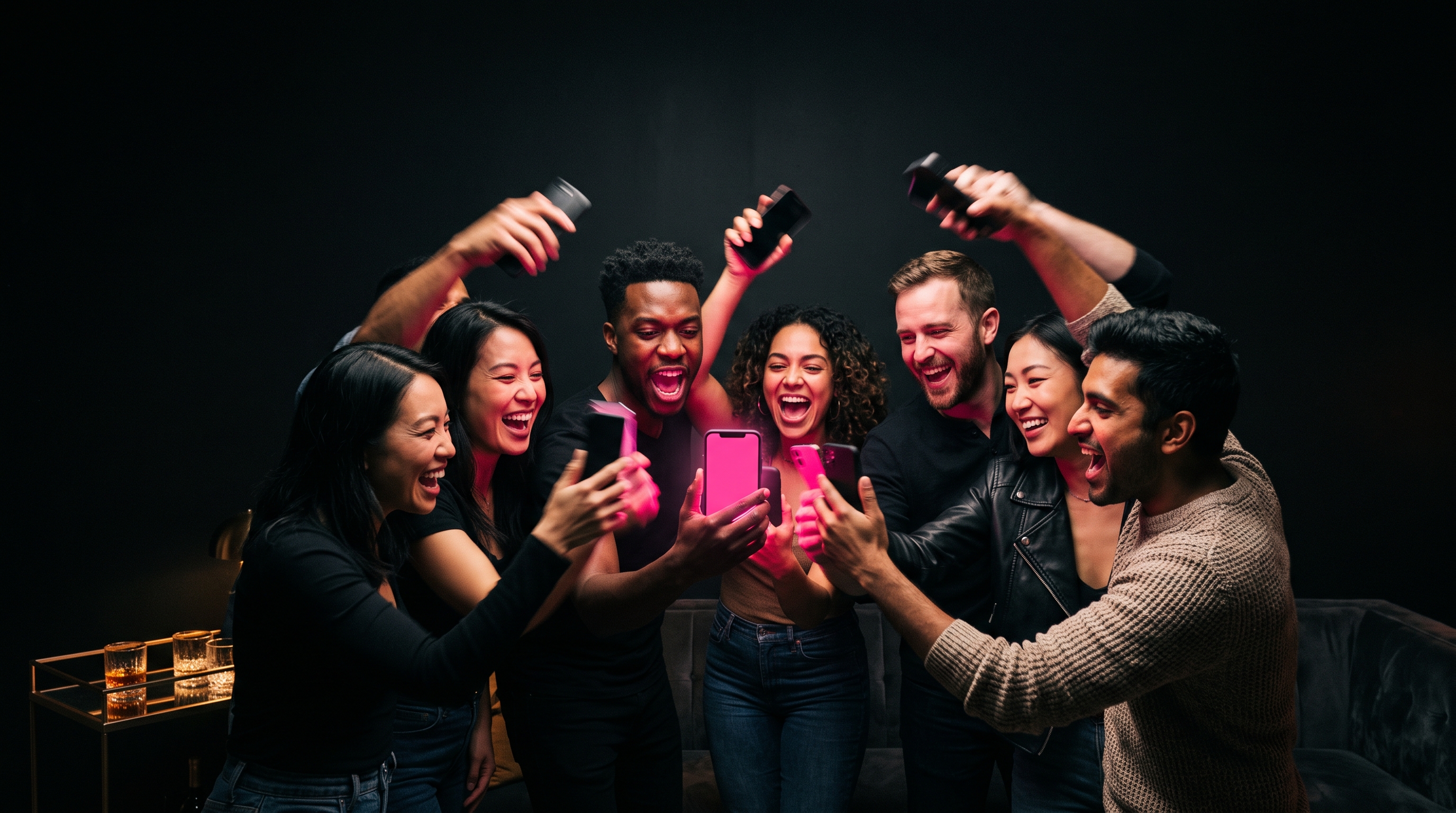 Six adult friends in a modern black-walled loft shaking phones in a tight circle, one glowing hot pink at the center