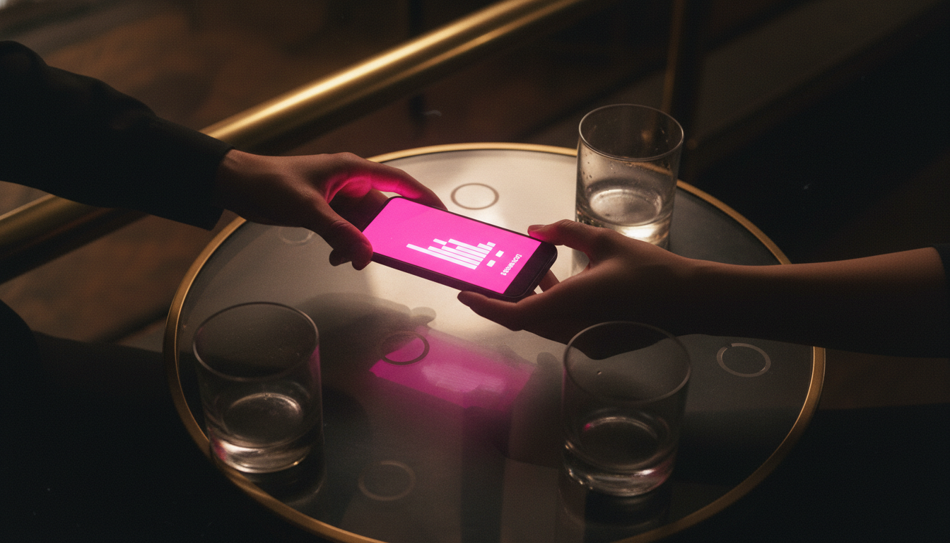 A single phone being passed between two outstretched hands across a bar table, screen glowing hot pink with a rising meter