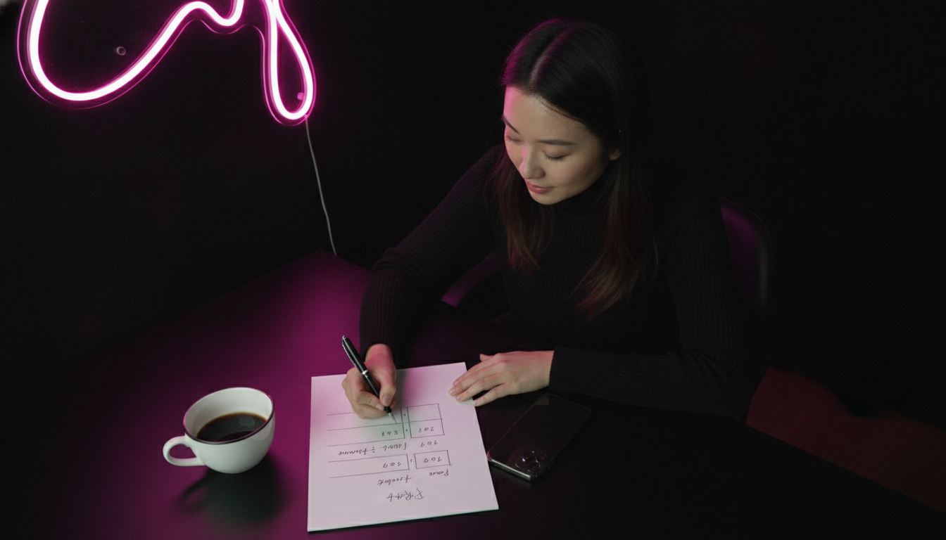 Woman planning a birthday party timeline at a black desk with a hot pink neon sign glowing behind her