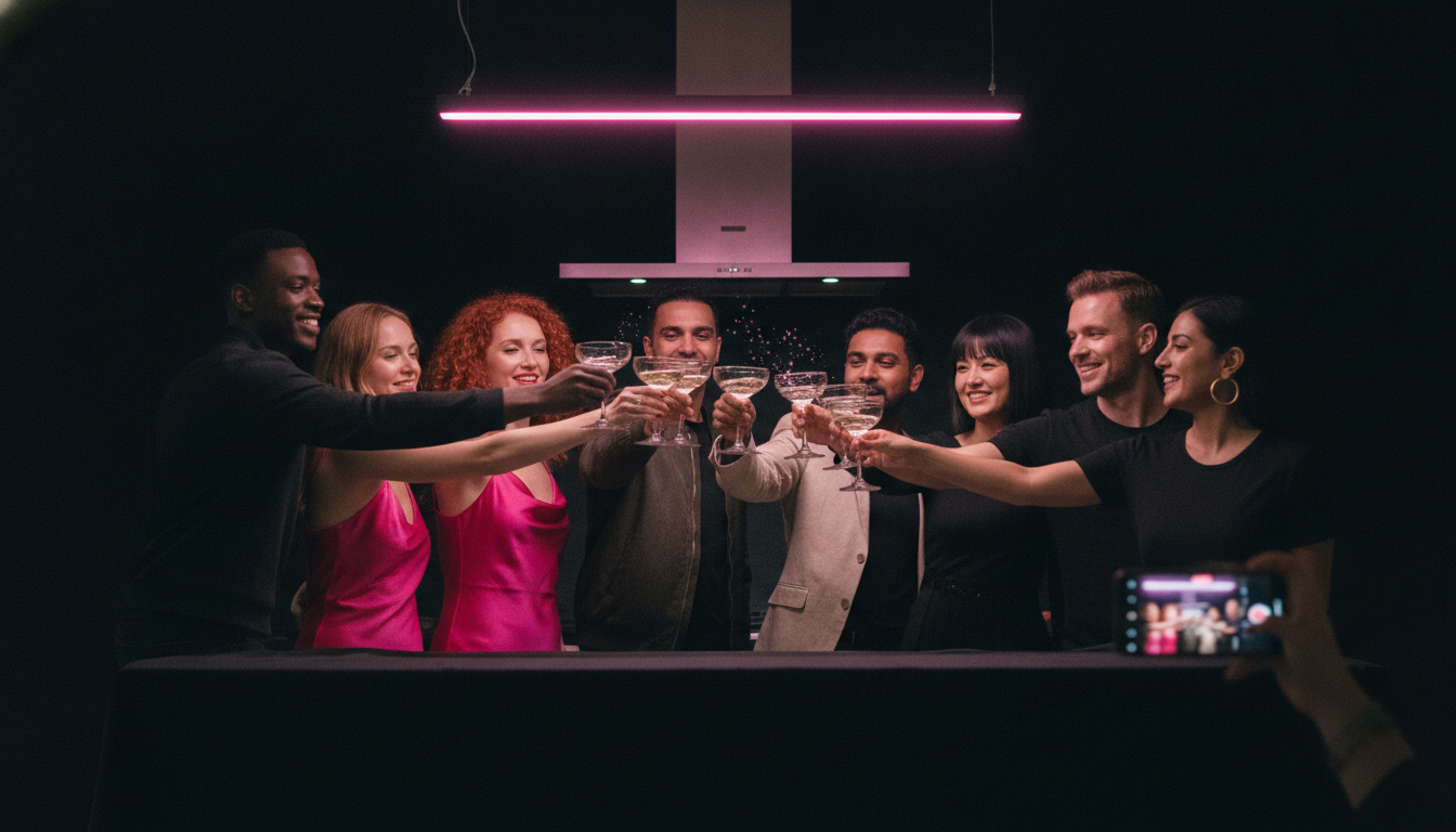Eight adult guests raising coupe glasses in a mid-air toast under a hot pink neon strip