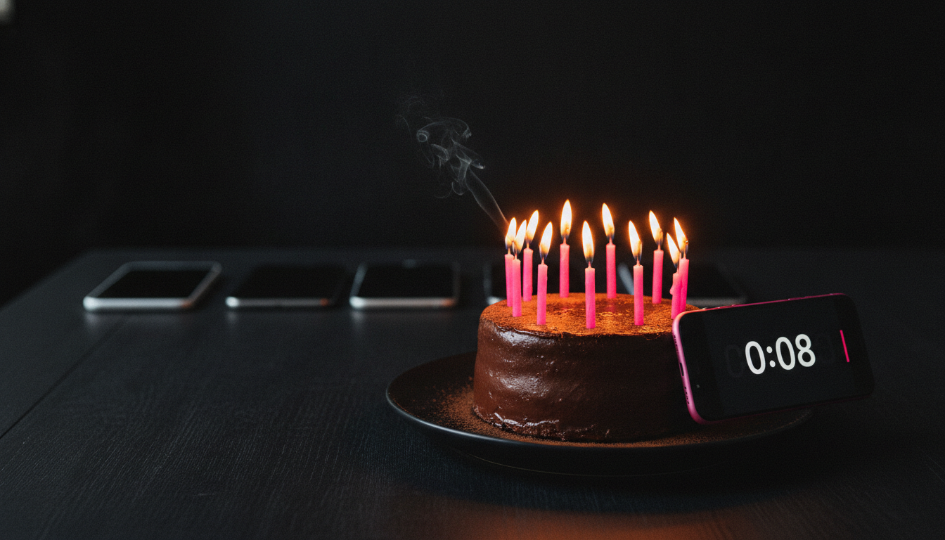 Birthday cake with hot pink candles next to a phone showing a shake game countdown