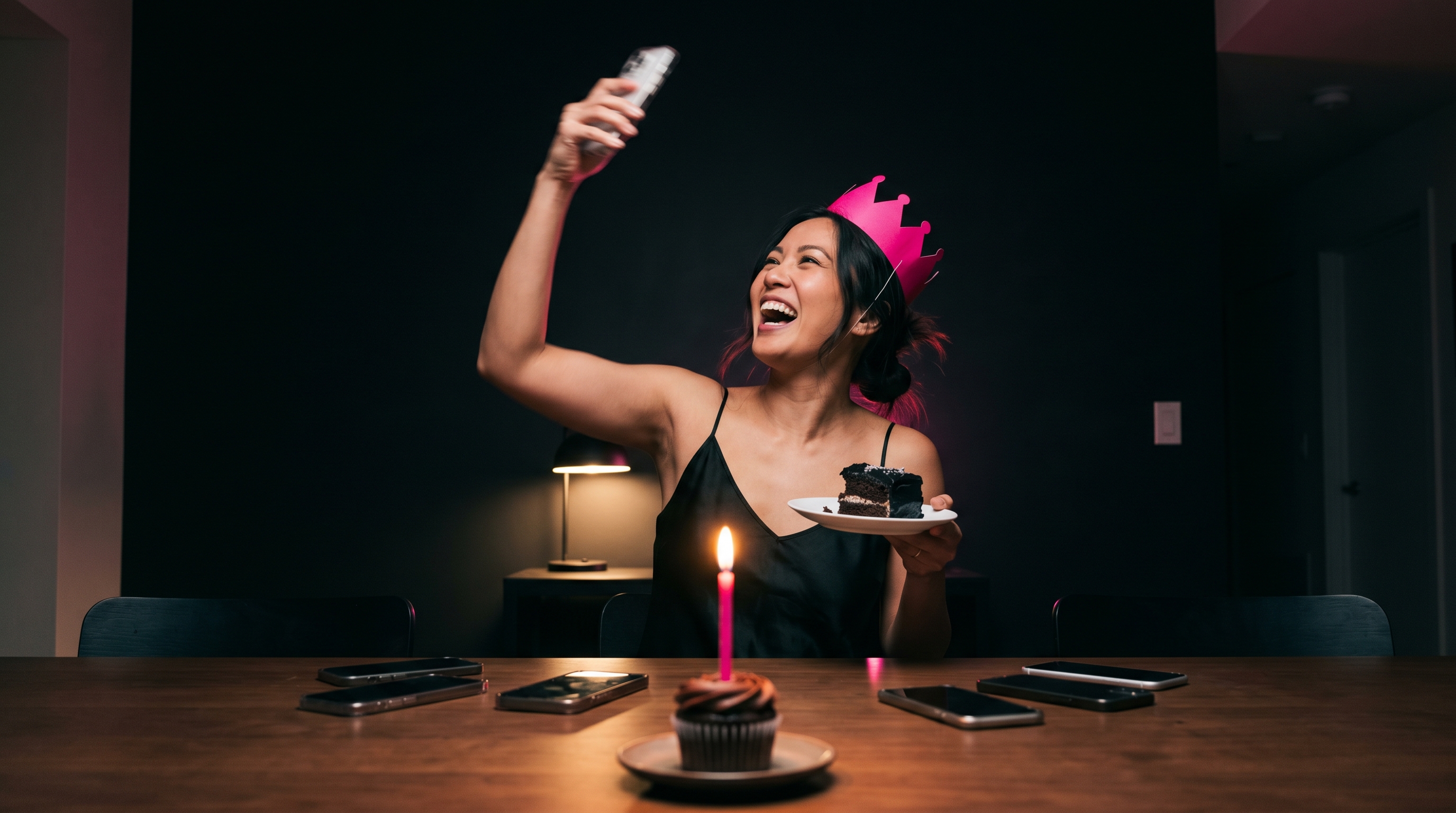 Woman in a pink paper crown shaking a phone during a birthday party shake round