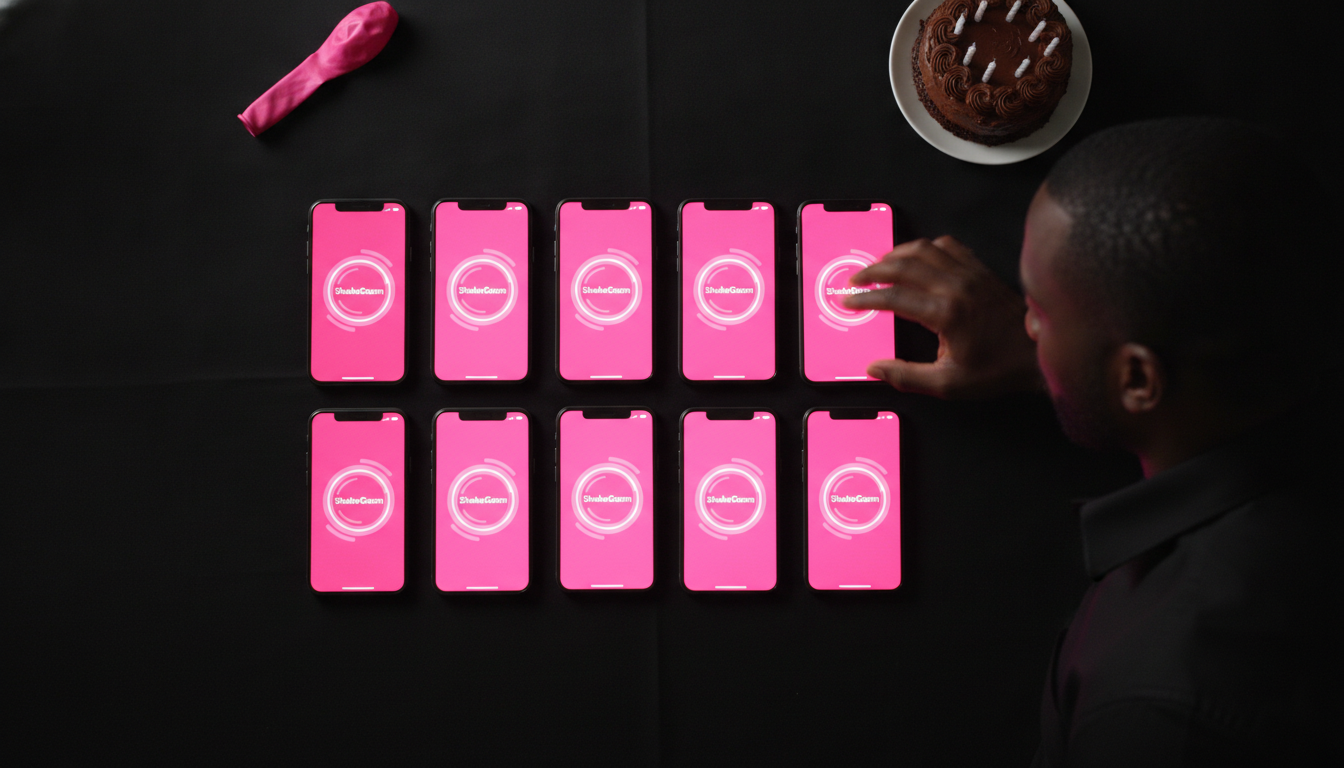 Twelve phones in a 3-by-4 grid on a black tablecloth during a birthday shake game
