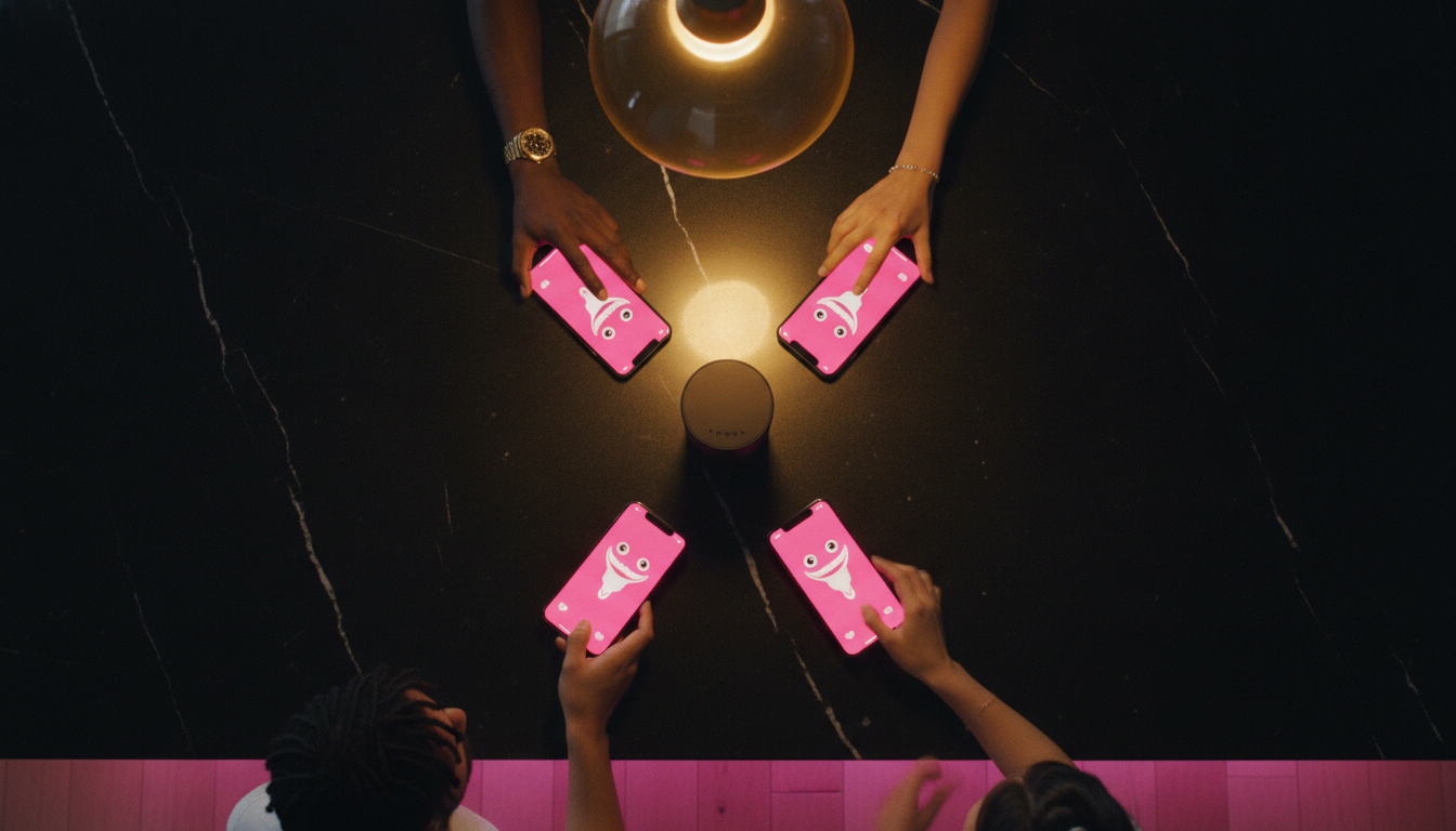 Overhead shot of four hands around a Sonos Roam speaker with four phones glowing pink