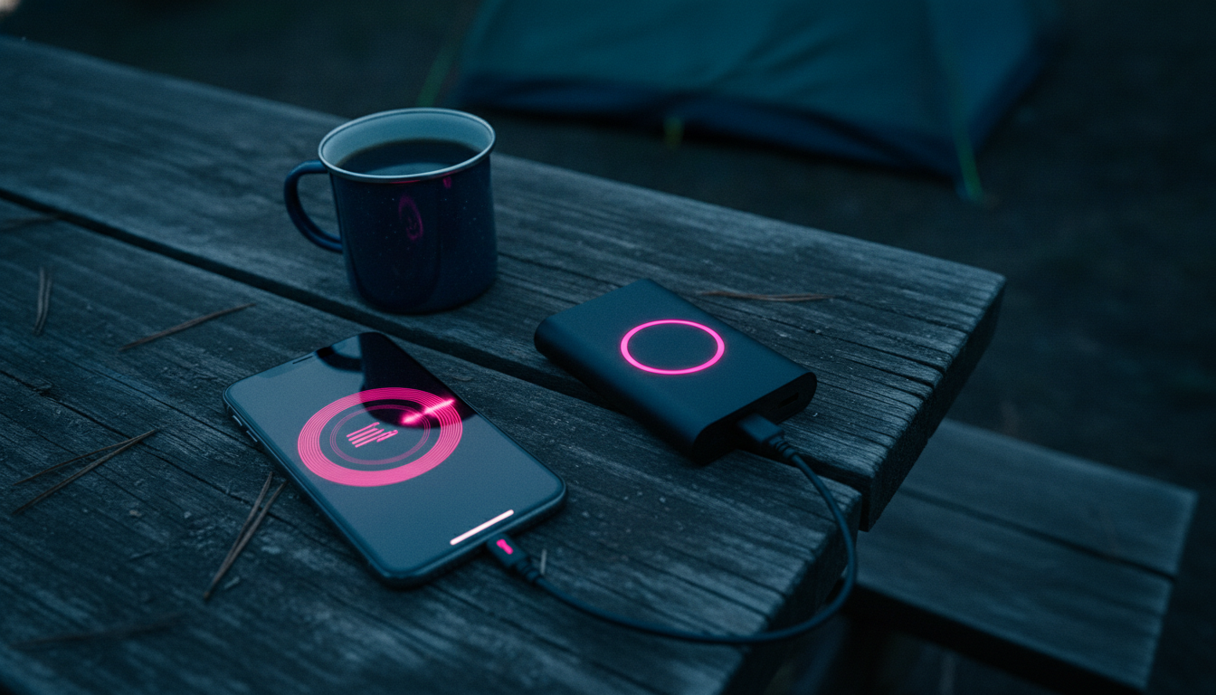 iPhone on a wood picnic table plugged into a 10000mAh power bank with a pink charge indicator.