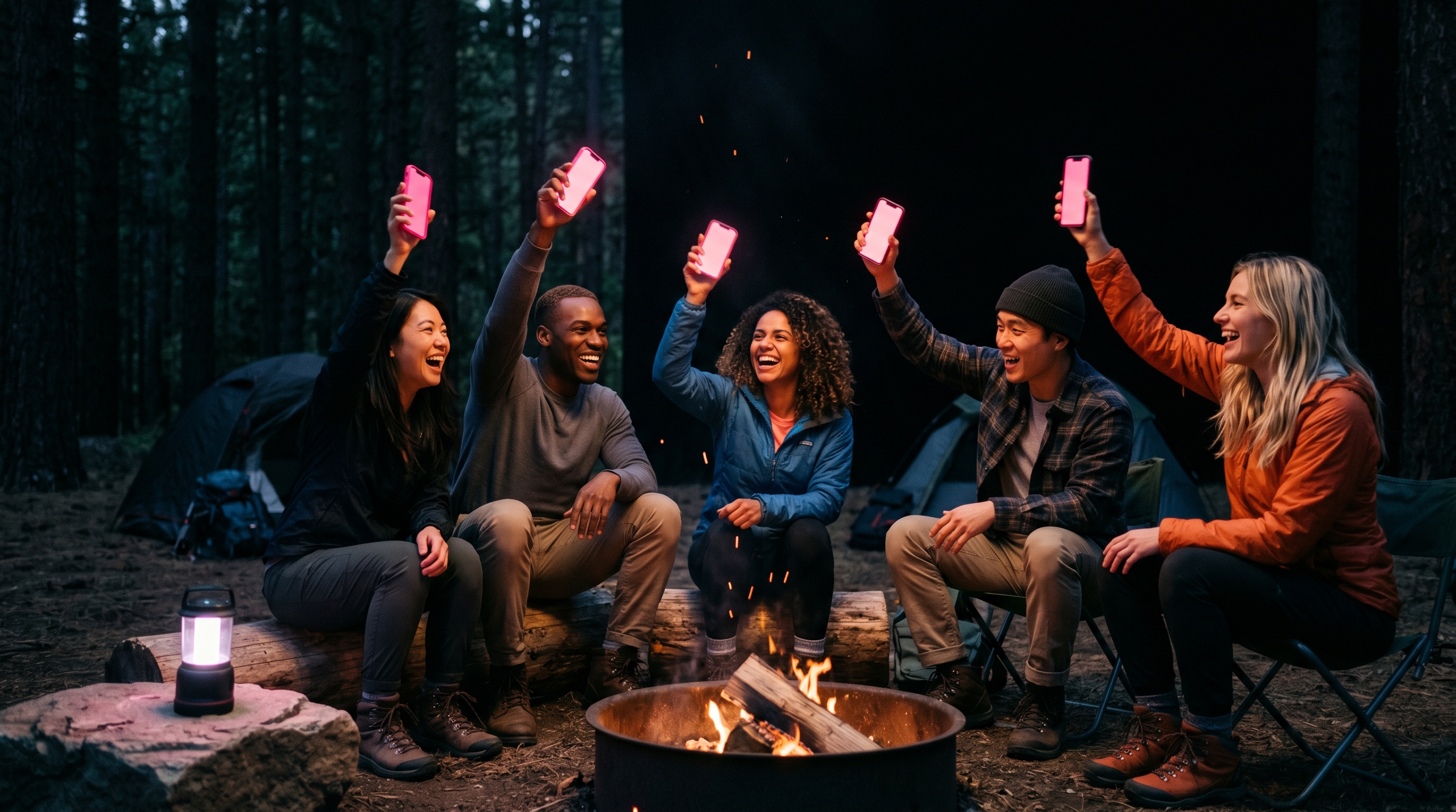 Five friends around a campfire holding phones above their heads mid-shake, pink screen glow lighting their faces.