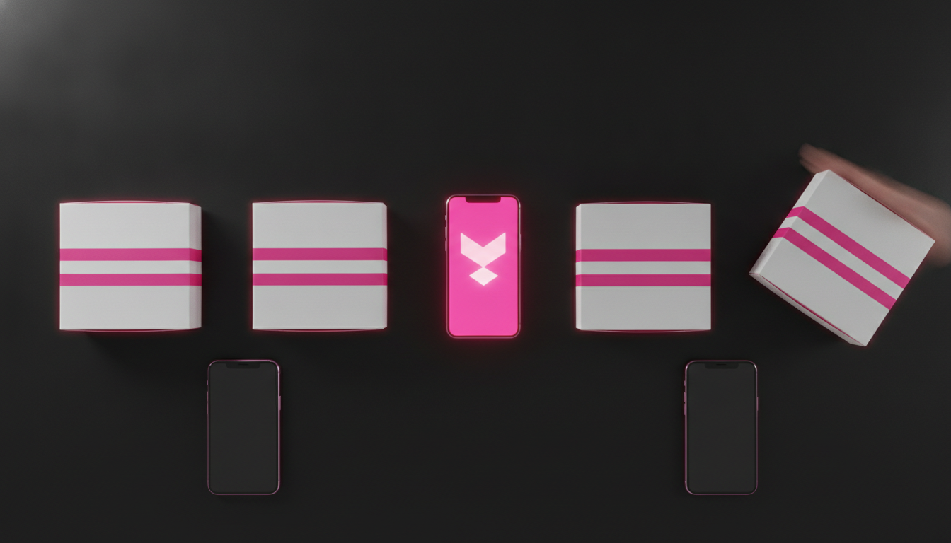Flatlay of party card game boxes and phones with a hot pink accent on black