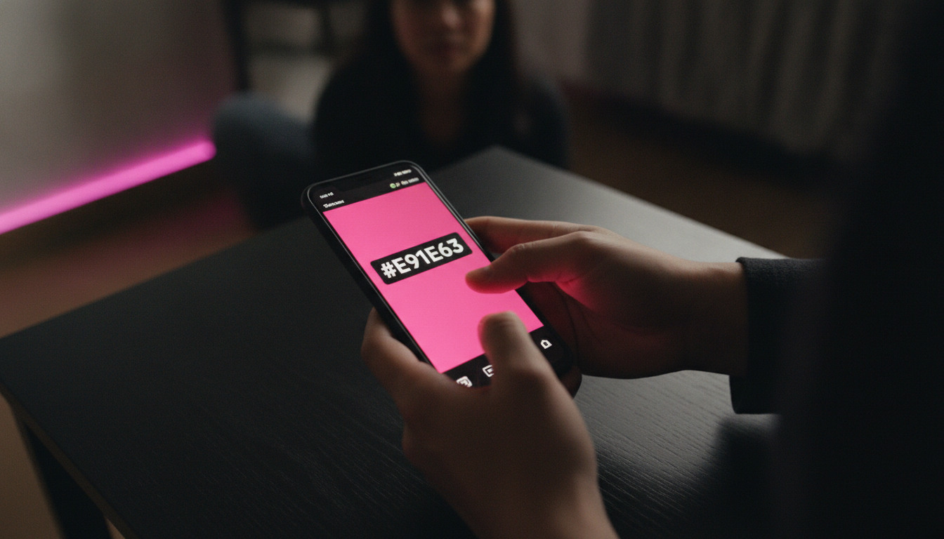A hand tapping a black phone glowing with a hot pink game prompt