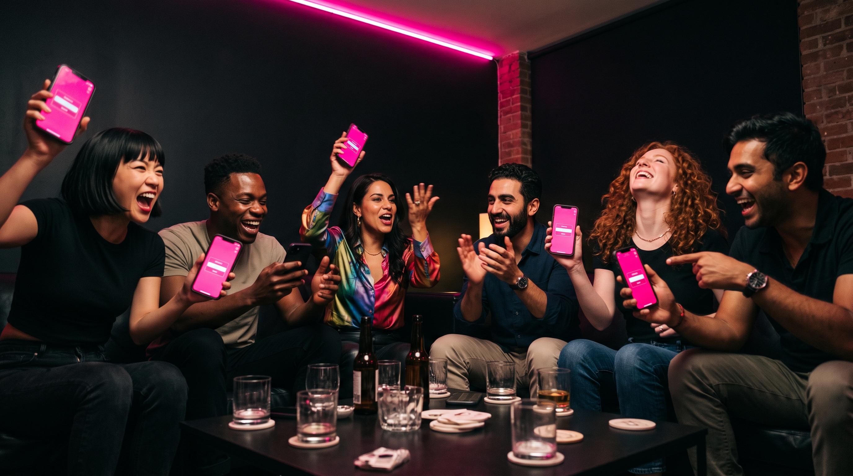 Six adults laughing around a phone screen glowing hot pink in a matte black loft