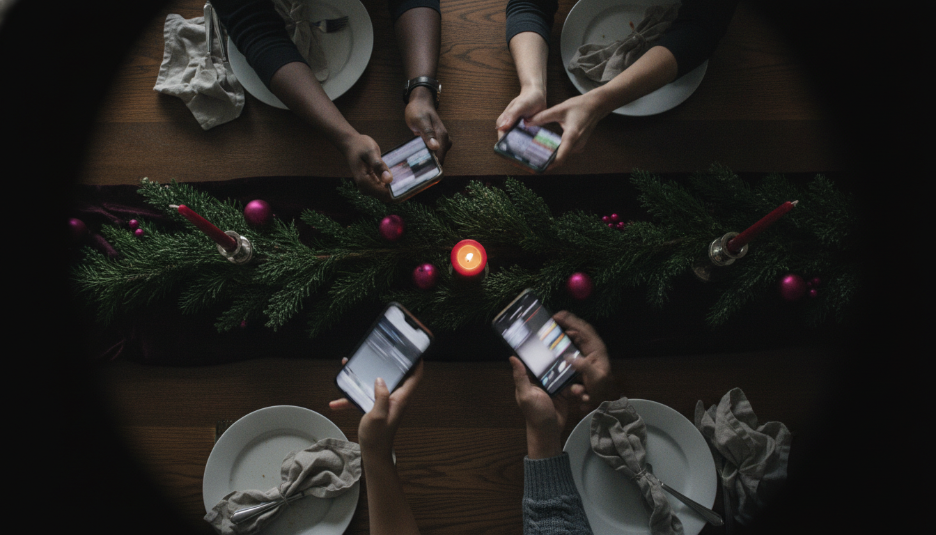 Overhead view of four pairs of adult hands shaking phones around a candlelit Christmas dinner table with pine garland and hot pink bauble accents