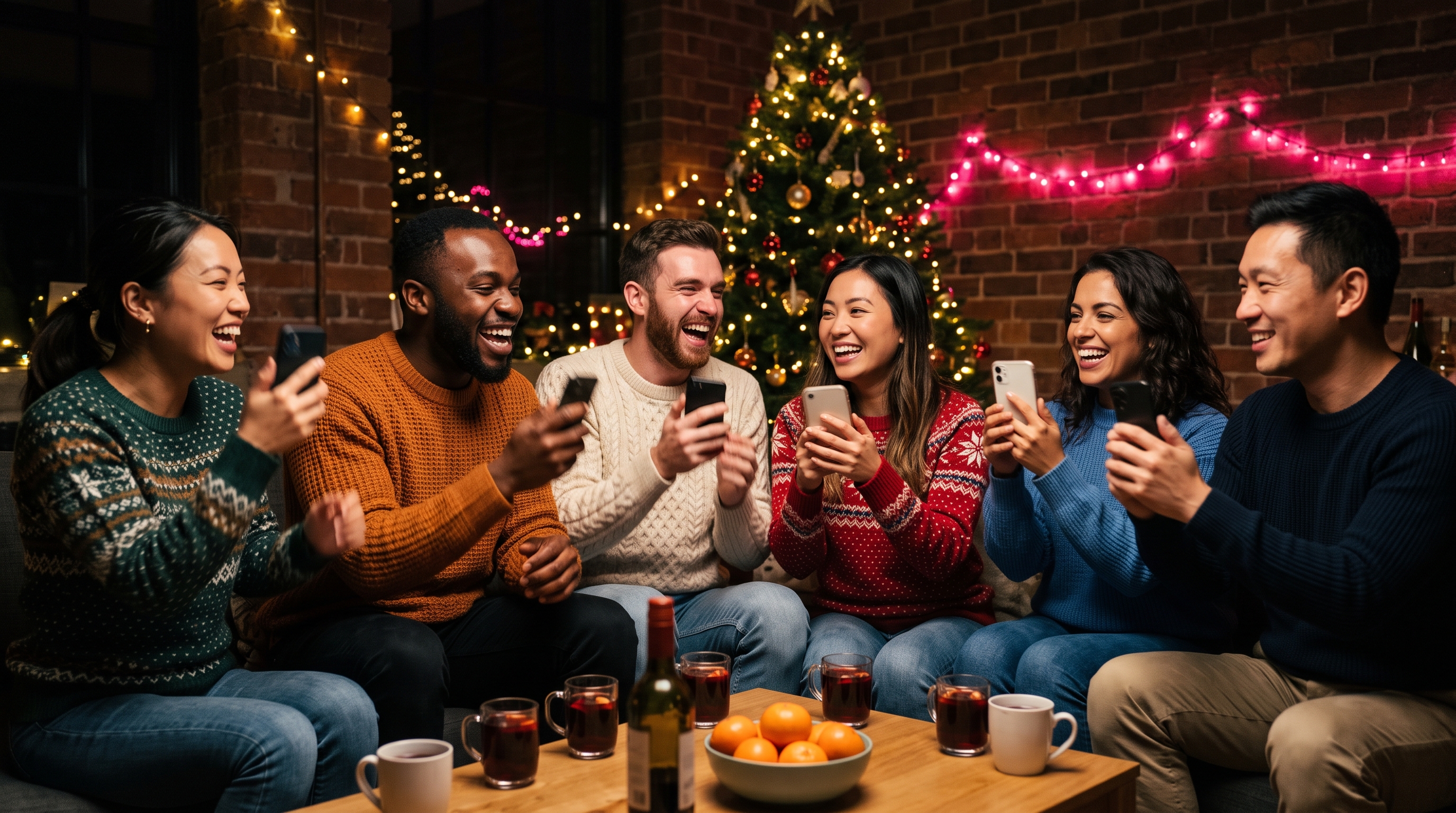 Six adults in winter sweaters laughing while shaking phones in a loft living room with a lit Christmas tree and hot pink fairy-light accents