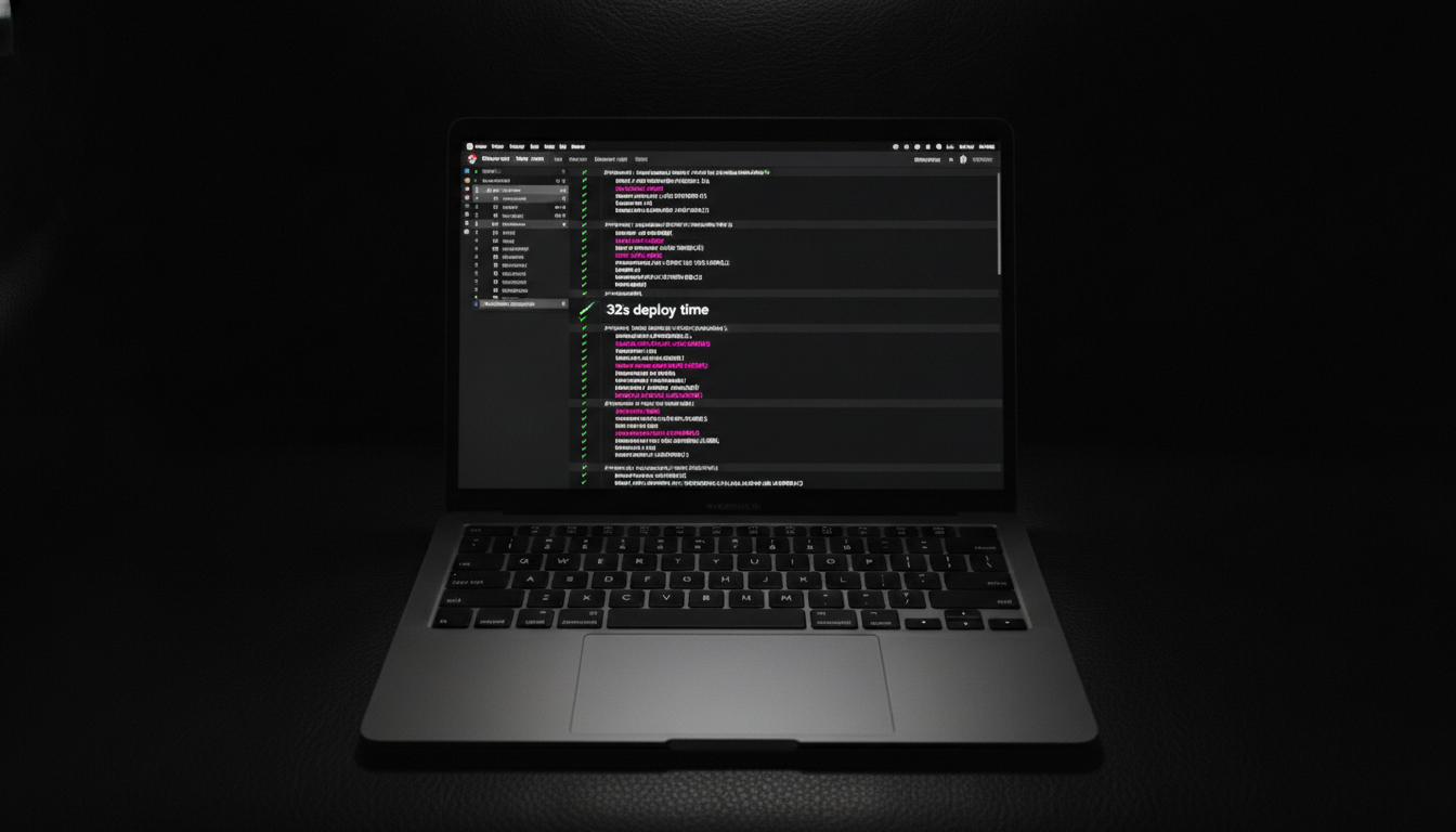 Close-up of a MacBook Pro screen showing a Cloudflare Pages build log with green checks and a 32-second deploy time