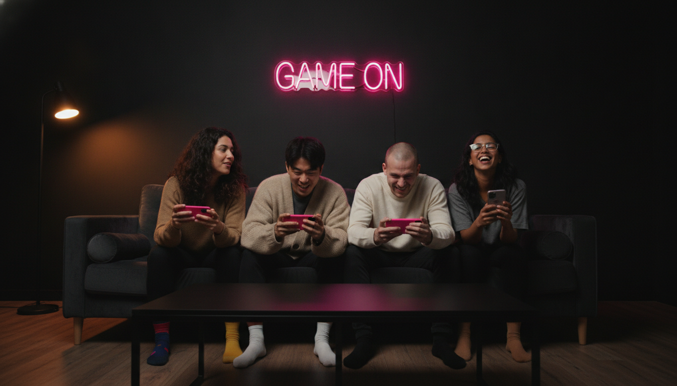 Four friends on a charcoal velvet couch playing a phone party game with a pink neon sign behind them