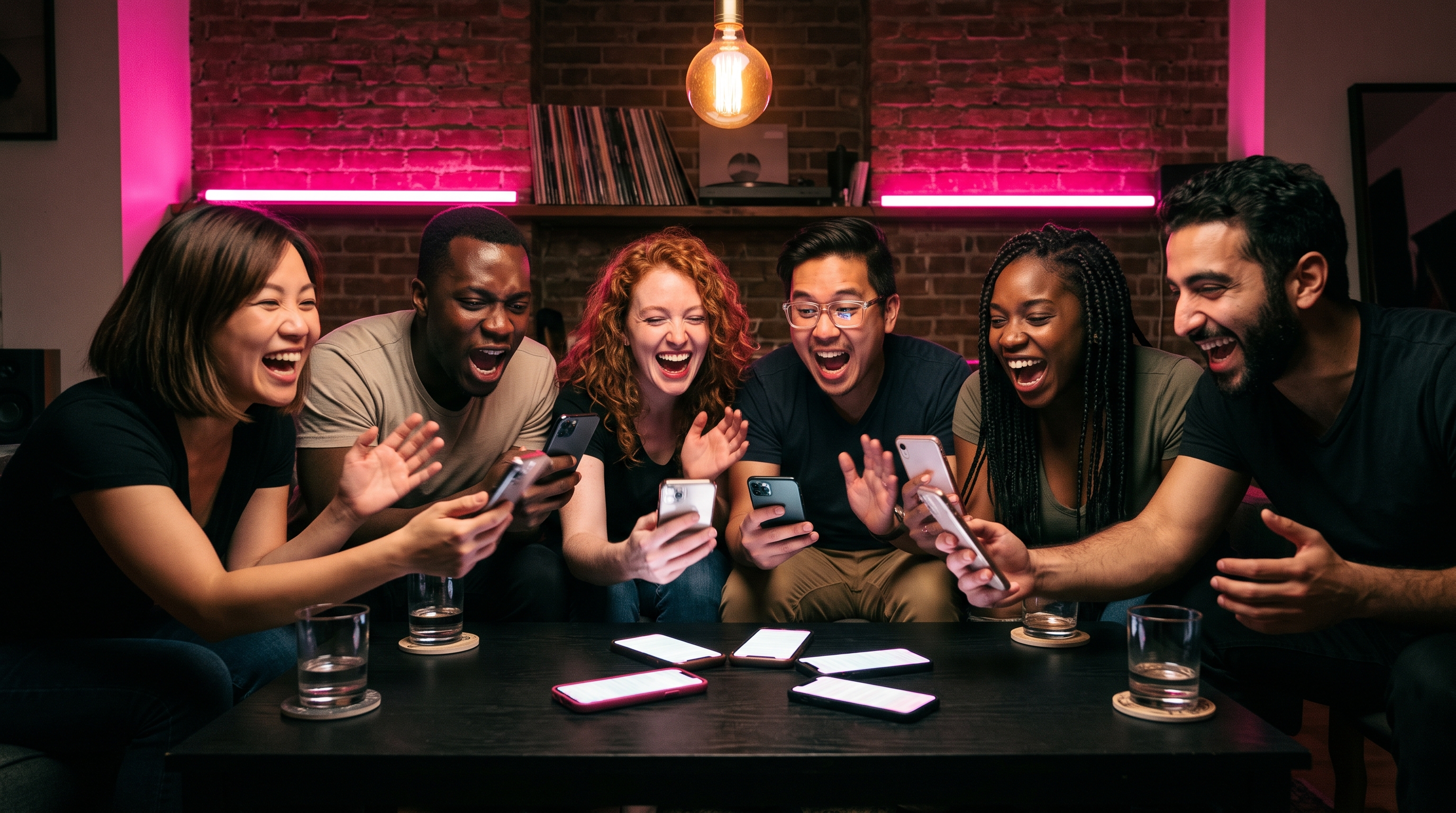 Six adults leaning across a black table, phones raised mid-shout at a Brooklyn loft party