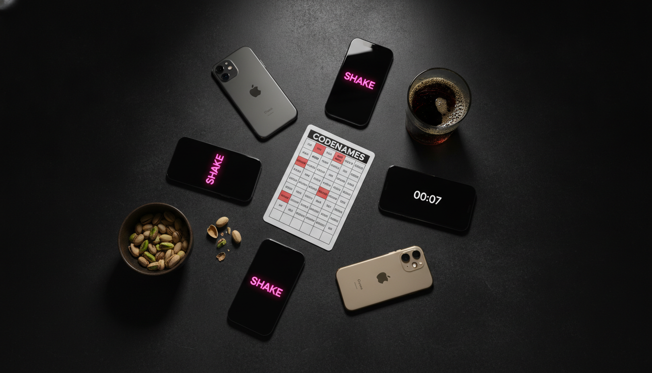 Overhead flat lay of a Codenames card next to five phones showing shake prompts