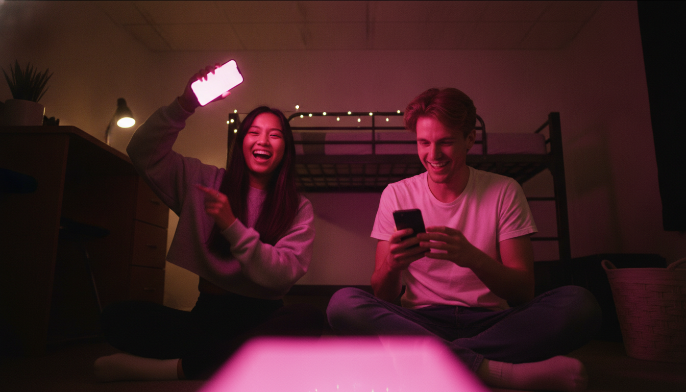 Two roommates in a dorm room shaking phones above their heads while laughing