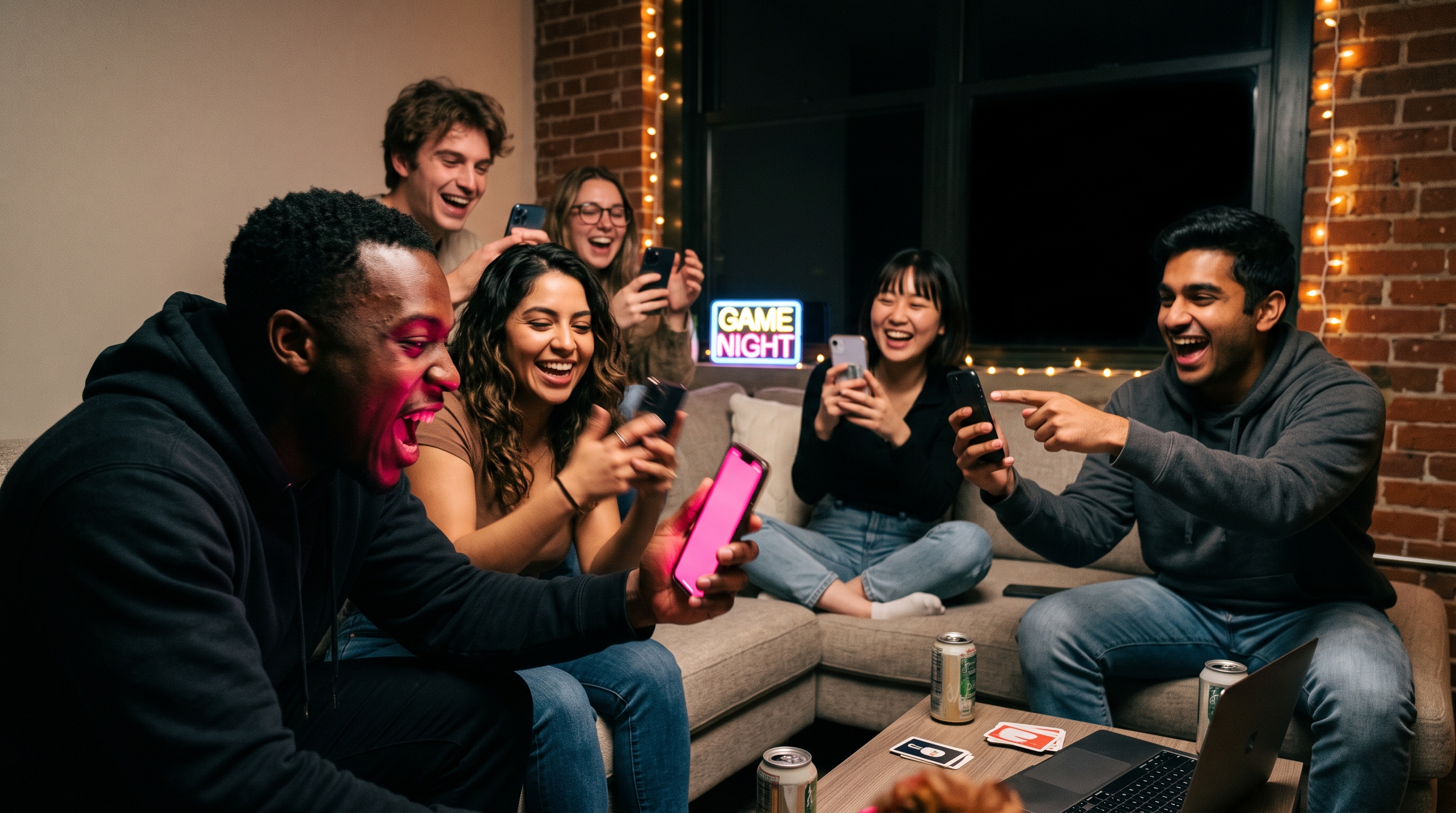 Six college students laughing on a couch while playing a phone shake party game in a string-lit apartment