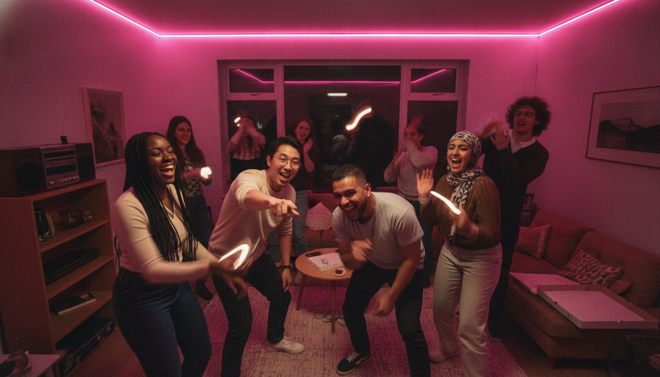 A crowded college house party living room with a mixed group shaking phones and cheering